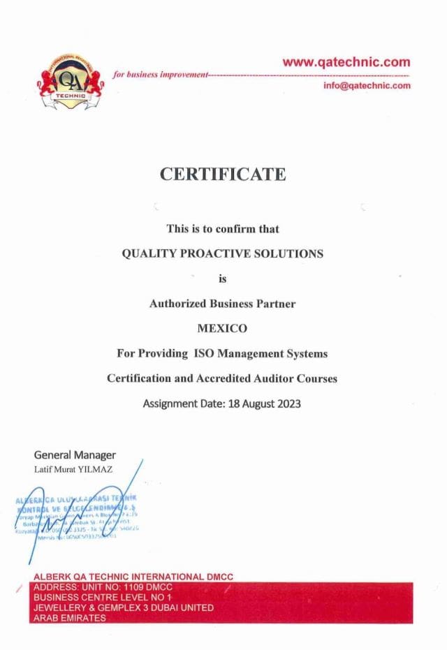 Certificate from Alberk QA Technic for Authorized Business Partner